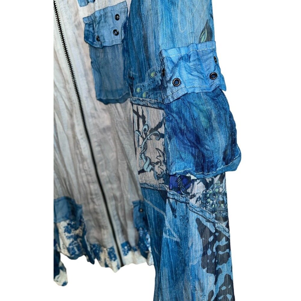 Blue White Gauze Cativa XL Women's Zip Up Mesh Inset Grommet LS Beachy Top - Picture 7 of 8